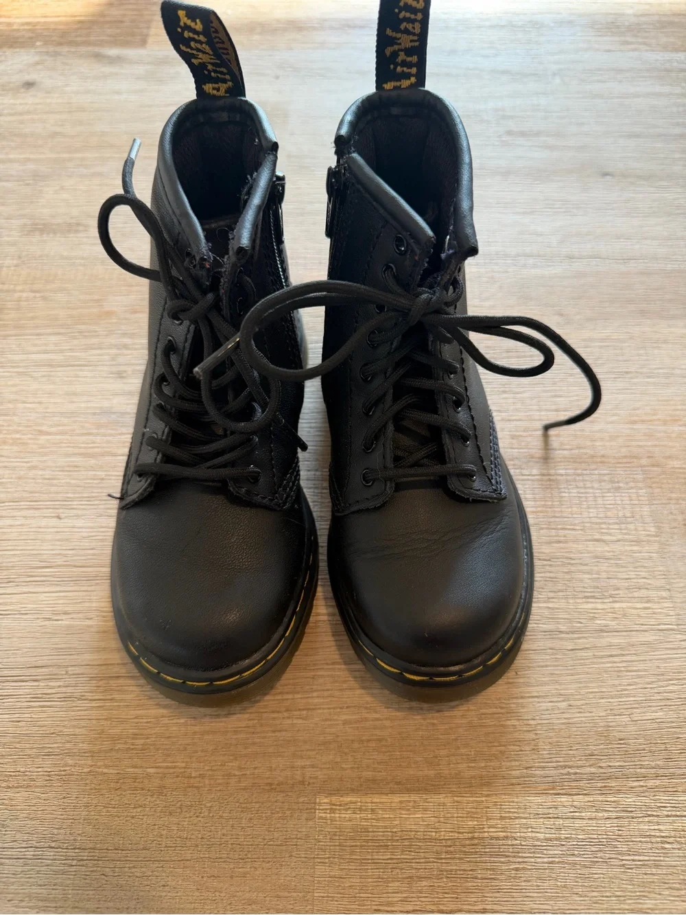 Dr. Martens Black Leather Lace-Up Ankle Boots with Yellow Stitching